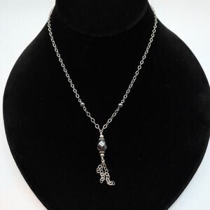 Sterling Silver 925 Cable Chain Black Bead Choker Tassel Y-Drop Choker Necklace